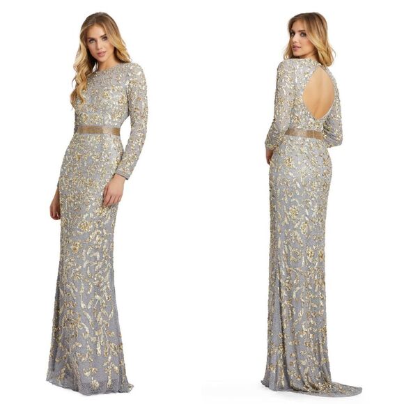 Mac Duggal 4316 Beaded Open Back Column Silhouette Gown, Platinum Gold, Size 16